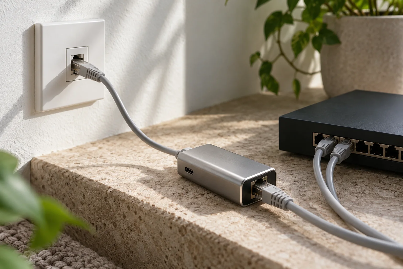 墙面RJ45网络接口、网线与金属USB-C网络转接设备特写